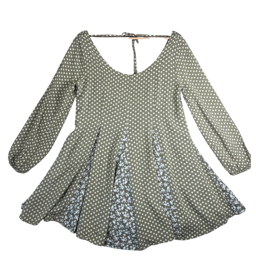 Altar'd State Olive Green Floral Mixed Print Long Sleeve Mini Dress M Cottage